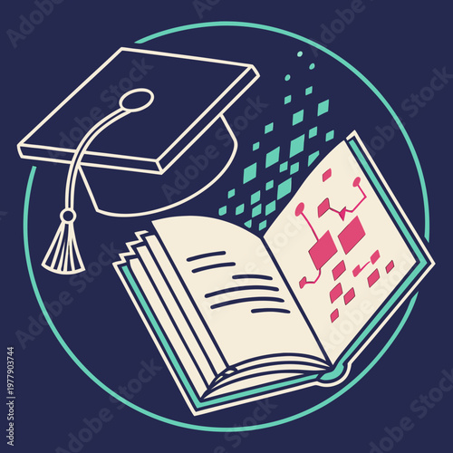 Graduation cap and open book in circle, squares dispersing representing digital knowledge, dark background.