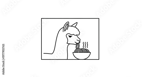 Cute Alpaca Eating Noodles in a Bowl, Funny Animal Illustration