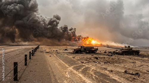 Slika na platnu Devastating war scene in a desert landscape with a destroyed truck, tank, and massive oil field fires