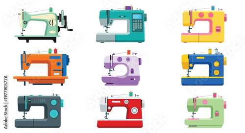 Colorful collection of vintage and modern sewing machines in a grid layout