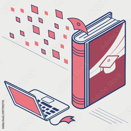 Educational technology concept featuring pink hardcover book with mortarboard icon next to open laptop and floating digital data square particles.