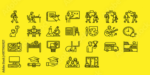 icon sheet collection of school education thin line symbols featuring students, teachers, laboratory equipment, graduation caps, classroom activities, and sports equipment