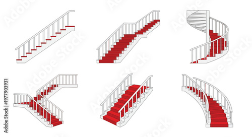 Architectural rendering of various staircase designs with red carpets