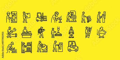 icon sheet collection of industrial worker line icons depicting manual labor, factory manufacturing, construction tools, warehouse logistics, and professional trade services.