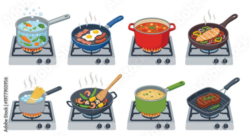Assorted pots and pans with various cooking foods on stovetops