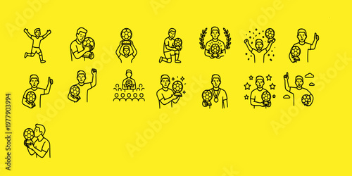 icon sheet collection of football soccer player celebration icons showing athletes holding trophies, kissing medals, and expressing joy after winning matches.