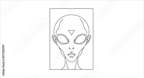 Alien Head Outline Drawing, Extraterrestrial Face with Triangle Symbol, Sci-Fi Concept Art