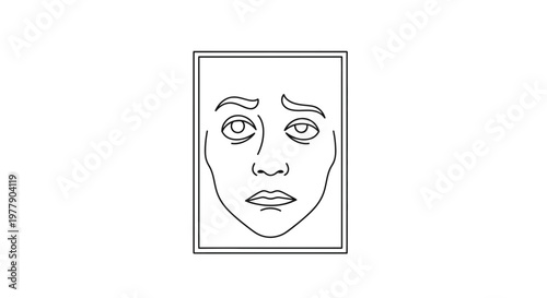 Anxious Face Portrait Outline Drawing, Worry and Fear Expression, Black and White Line Art