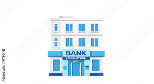 Illustration of a two story community bank building with a blue facade