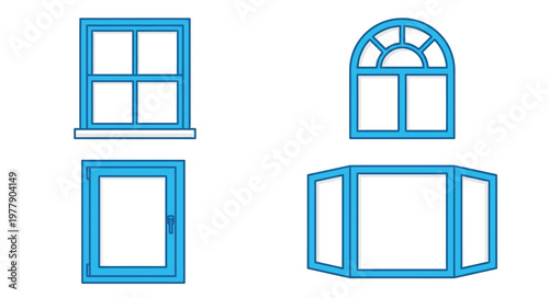 Four blue window frame illustrations on a white background