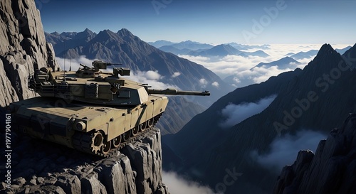 Military Tank on Rocky Mountain Cliff Edge.