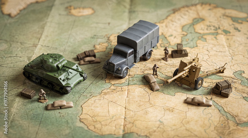 Obraz na plátne Vintage toy military vehicles and soldiers arranged on an antique world map, evoking historical war strategy games