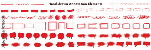 Red hand drawn annotation elements, marker stains, speech bubbles, teacher correction and grading icon set,red marker shapes and text box frames, felt tip pen borders, underlines and doodles.
