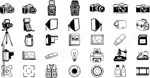 Photographic Equipment Hand-Drawn Icons: Camera, Lens, Tripod, Flash, Softbox, Film, USB Drive, Printer, and More