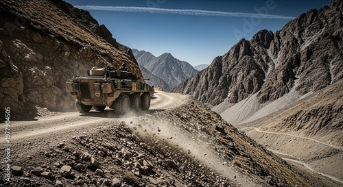 Military Vehicle Driving Through Rocky Mountain Terrain.