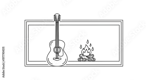 Acoustic guitar and campfire illustration, cozy evening, outdoor recreation, camping vibe