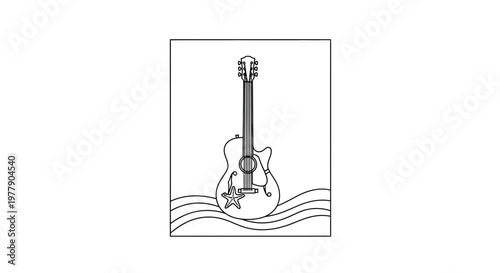 Acoustic Guitar with Star Soundhole on Wavy Lines Background - Line Art