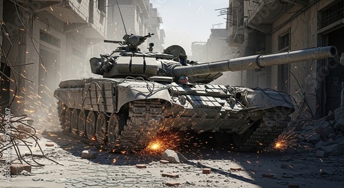 Military Tank in Urban Warfare Scene.