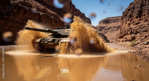 Off-road Vehicle Splashing Through Desert Water.