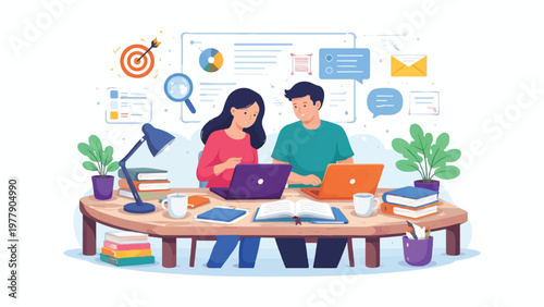 Modern Online Education, Digital Learning and Collaboration Illustration