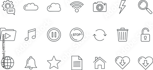 Universal interface line icons set vector illustration with cloud wifi camera media controls file home and web symbols