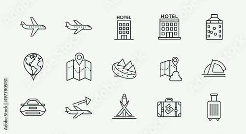 Travel and tourism icons for navigation and transportation