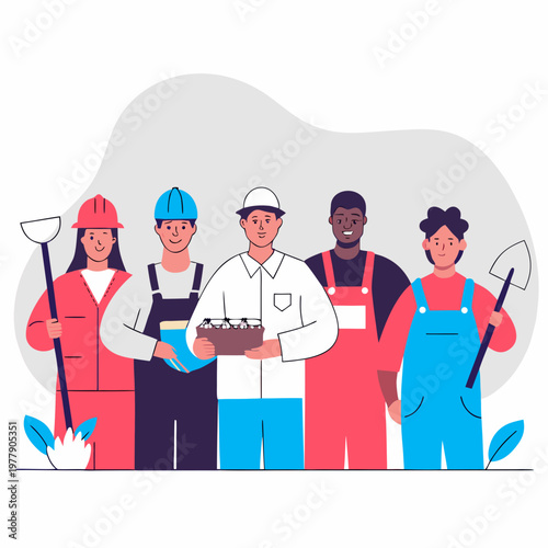 Flat vector illustration of diverse workers from different professions standing together, 