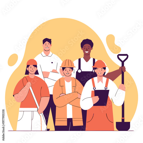 Flat vector illustration of diverse workers from different professions standing together, 