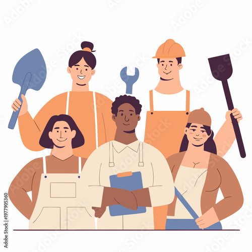Flat vector illustration of diverse workers from different professions standing together, 