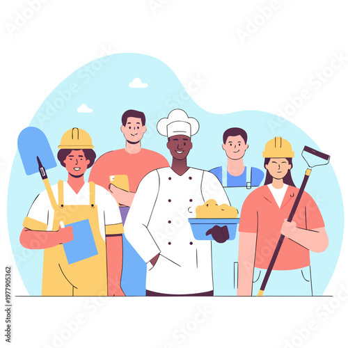 Flat vector illustration of diverse workers from different professions standing together, 