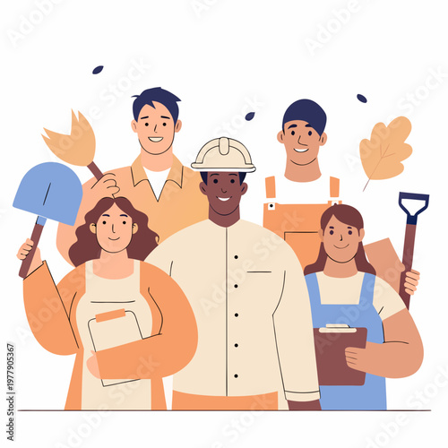 Flat vector illustration of diverse workers from different professions standing together, 