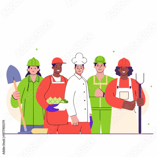 Flat vector illustration of diverse workers from different professions standing together, 