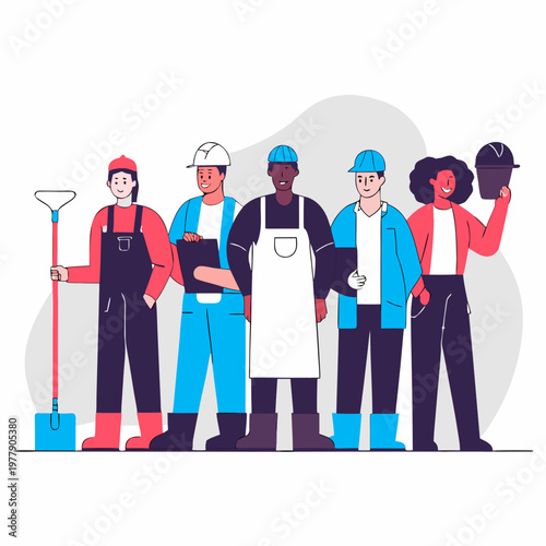 Flat vector illustration of diverse workers from different professions standing together, 