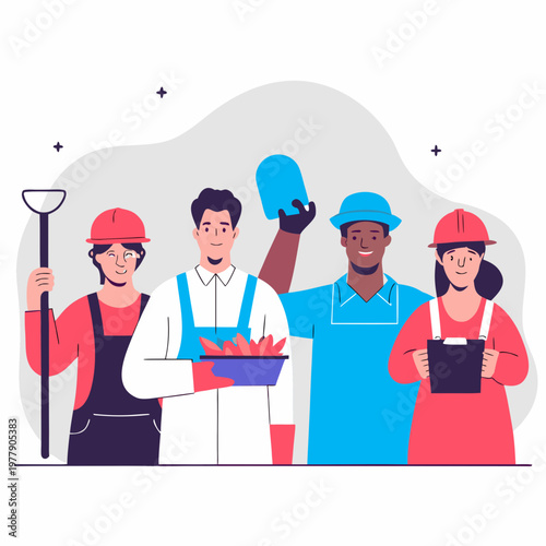 Flat vector illustration of diverse workers from different professions standing together, 