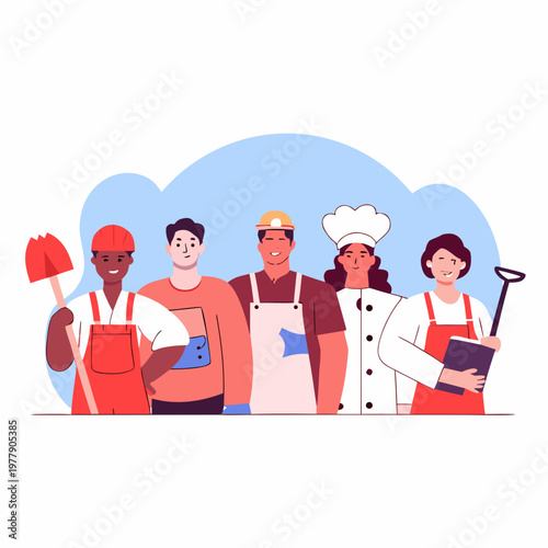 Flat vector illustration of diverse workers from different professions standing together, 