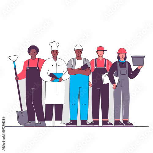 Flat vector illustration of diverse workers from different professions standing together, 