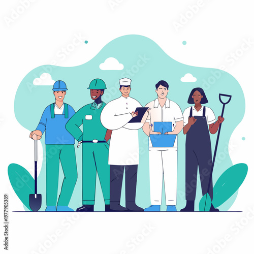 Flat vector illustration of diverse workers from different professions standing together, 