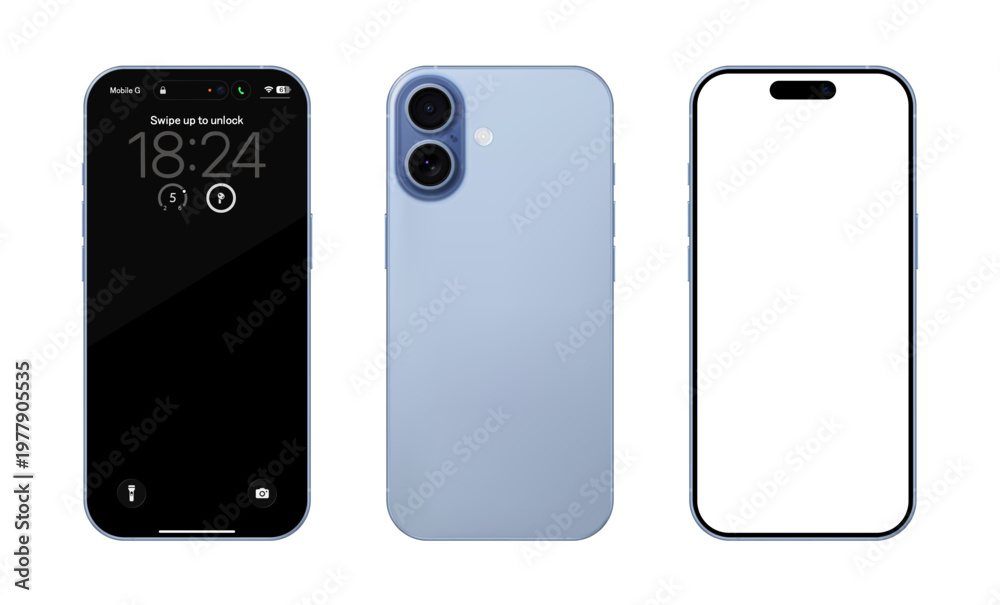 Fototapeta premium Detailed blue mobile phone mockup. Front and rear view isolated on transparent background. Vector PNG