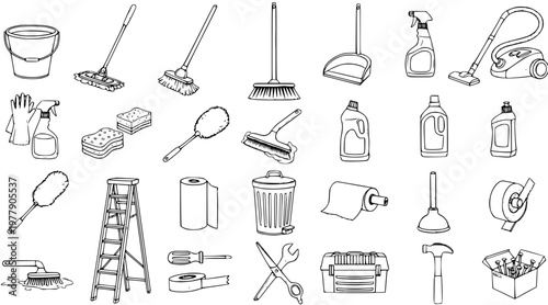 Detailed doodle style icons set of various household cleaning supplies, equipment, and essential home maintenance tools, perfect for chores and repairs.