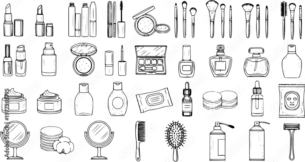 Fototapeta premium Hand Drawn Outline Beauty and Cosmetic Products Set. Doodle Icons of Makeup, Skincare, Perfume, and Personal Hygiene Accessories. Vector Illustration.