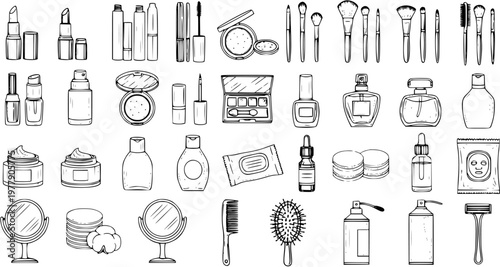 Hand Drawn Outline Beauty and Cosmetic Products Set. Doodle Icons of Makeup, Skincare, Perfume, and Personal Hygiene Accessories. Vector Illustration.