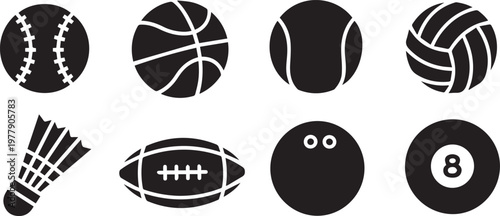Sports Equipment Icon Set, Basketball Football Bowling Shuttlecock and Game Symbols Collection Vector