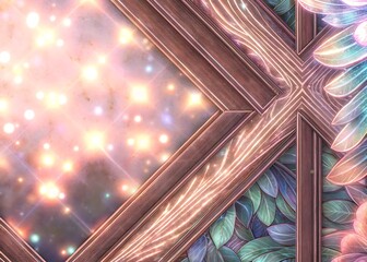 Warm glowing bokeh lights with wooden diamond frame border on dark background
