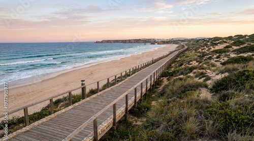 Coastal boardwalk with a tranquil view, leading to the horizon with the sea waves on the beach during the golden hour. 