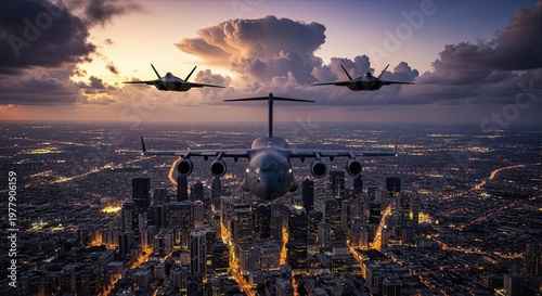 Wind Turbines Over Cityscape at Sunset.