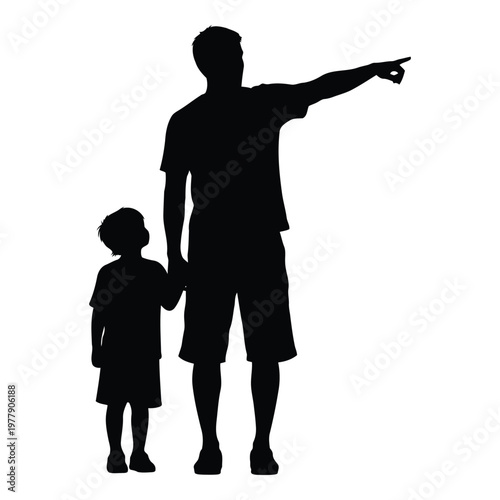 Adult holding hands with child pointing towards something outdoors in silhouette style vector on white background