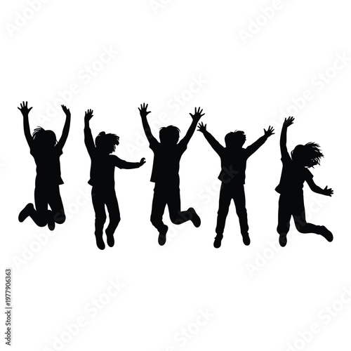 Group of children jumping with arms raised in joyful celebration silhouette style vector on white background