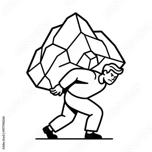 man carrying heavy burden rock illustration black white line art