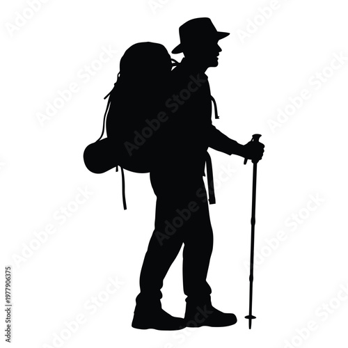 Hiker silhouette carrying backpack and using trekking pole on outdoor adventure journey vector on white background
