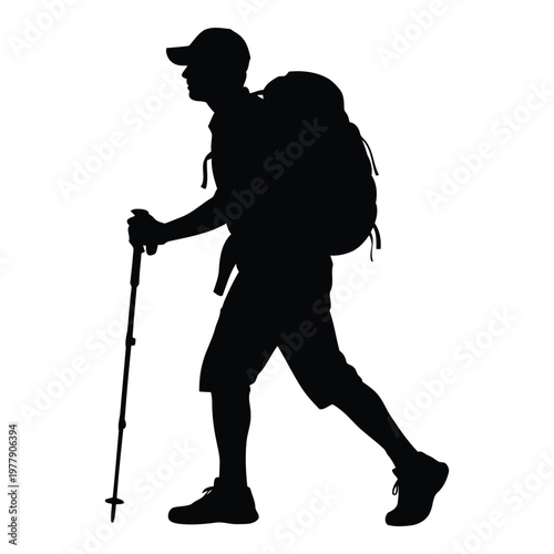 Hiker silhouette with backpack and trekking pole walking outdoors for adventure travel inspiration vector on white background